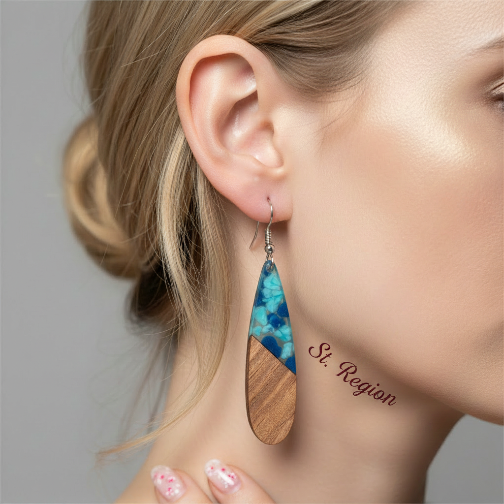Navy Resin & Wood Silvertone Leopard Print Drop Hook Earrings