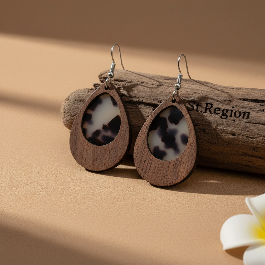 Brown Resin & Wood Silvertone Leopard Print Teardrop Hook Earrings