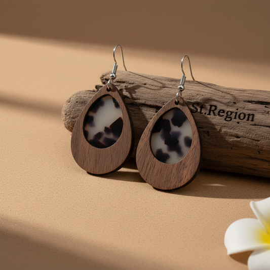 Brown Resin & Wood Silvertone Leopard Print Teardrop Hook Earrings