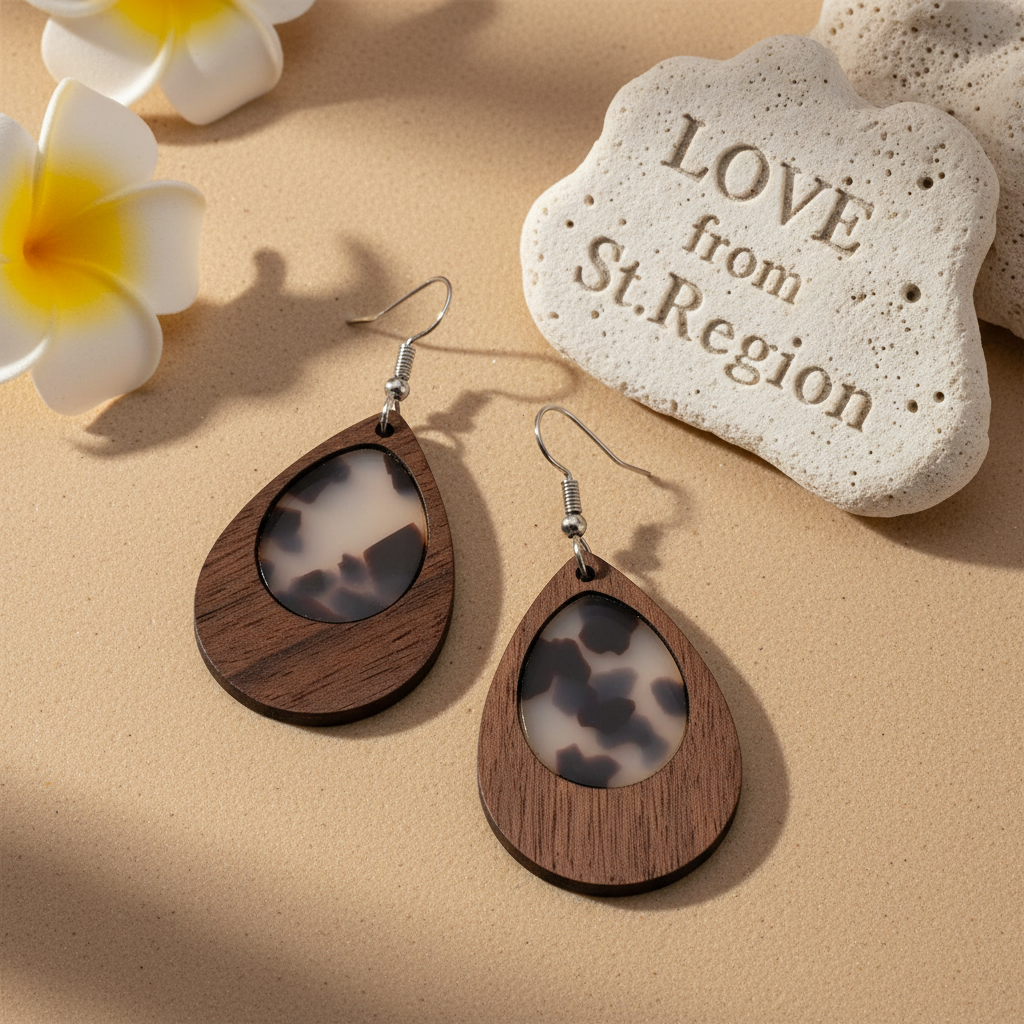 Brown Resin & Wood Silvertone Leopard Print Teardrop Hook Earrings