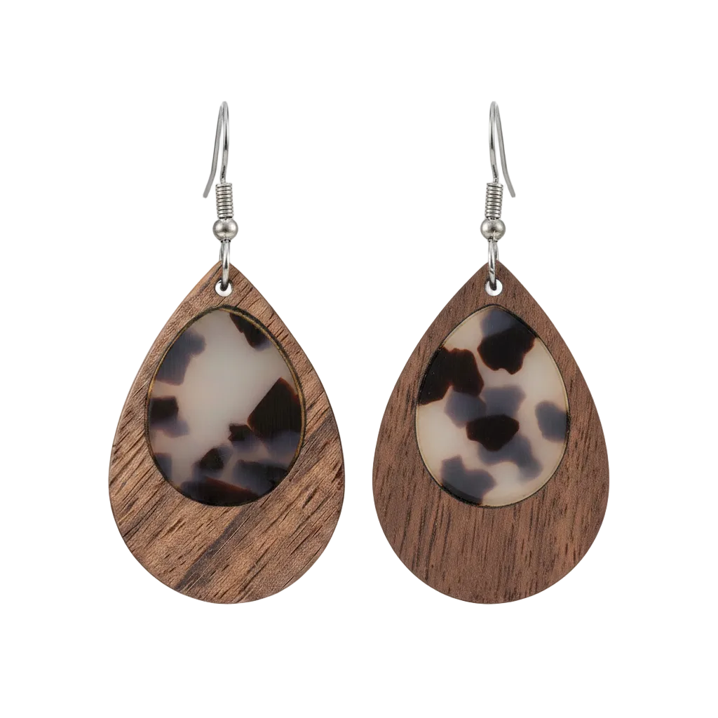 Brown Resin & Wood Silvertone Leopard Print Teardrop Hook Earrings