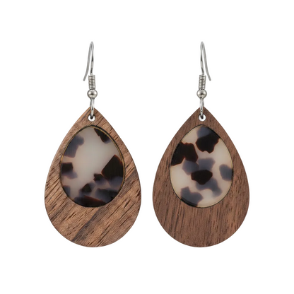 Brown Resin & Wood Silvertone Leopard Print Teardrop Hook Earrings