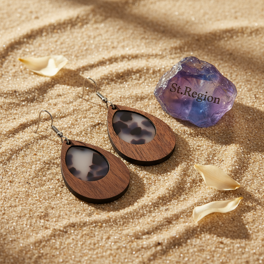 Brown Resin & Wood Silvertone Leopard Print Teardrop Hook Earrings