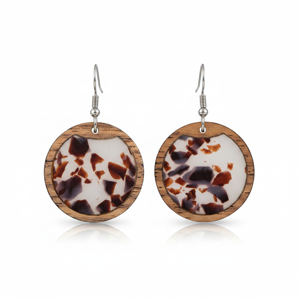 Brown Resin & Wood Silvertone Leopard Print Circular Hook Earrings