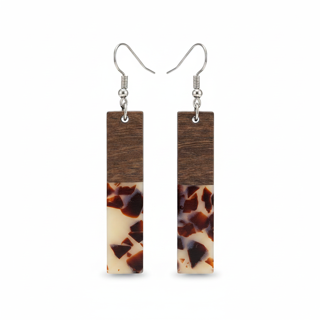 Brown Resin & Wood Silvertone Leopard Print Bar Hook Earrings