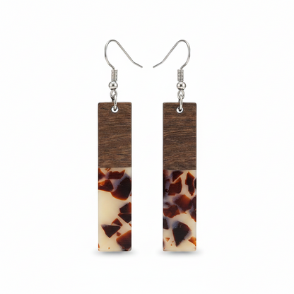 Brown Resin & Wood Silvertone Leopard Print Bar Hook Earrings