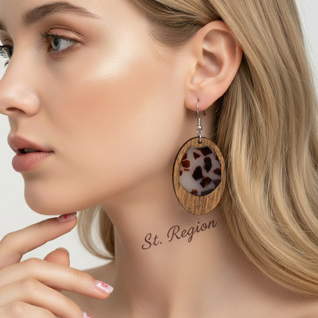Brown Resin & Wood Silvertone Leopard Print Oval Hook Earrings