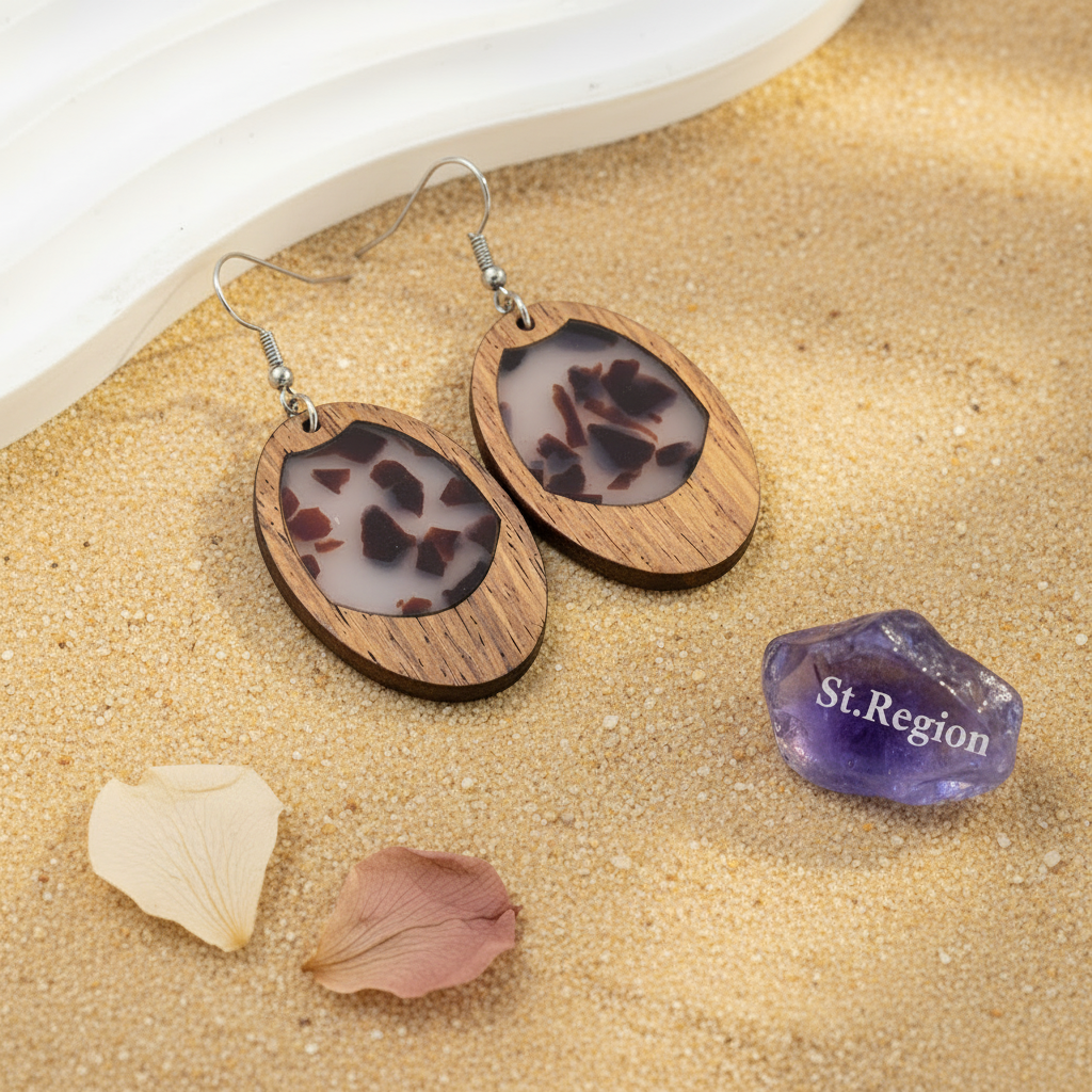 Brown Resin & Wood Silvertone Leopard Print Oval Hook Earrings