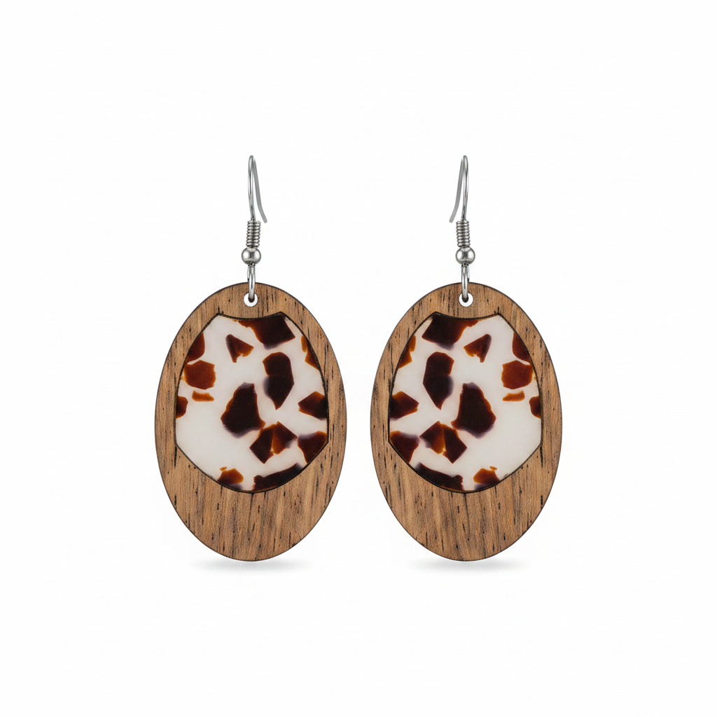 Brown Resin & Wood Silvertone Leopard Print Oval Hook Earrings
