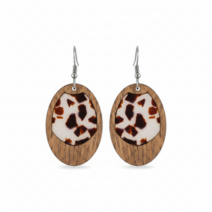 Brown Resin & Wood Silvertone Leopard Print Oval Hook Earrings