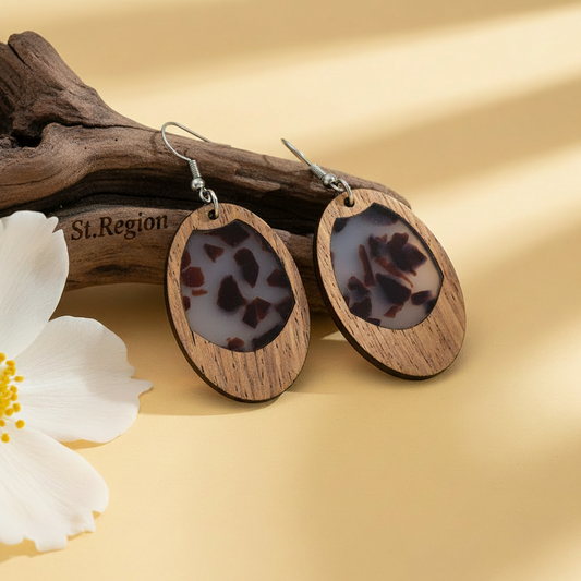Brown Resin & Wood Silvertone Leopard Print Oval Hook Earrings