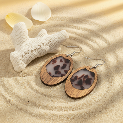 Brown Resin & Wood Silvertone Leopard Print Oval Hook Earrings