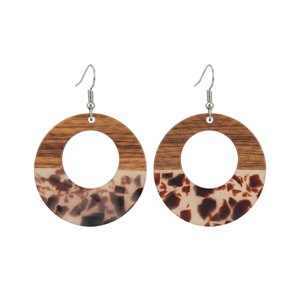 Brown Resin & Wood Silvertone Leopard Print Open Round Hook Earrings