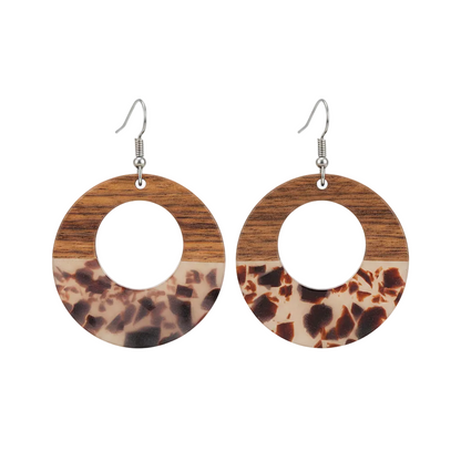 Brown Resin & Wood Silvertone Leopard Print Open Round Hook Earrings
