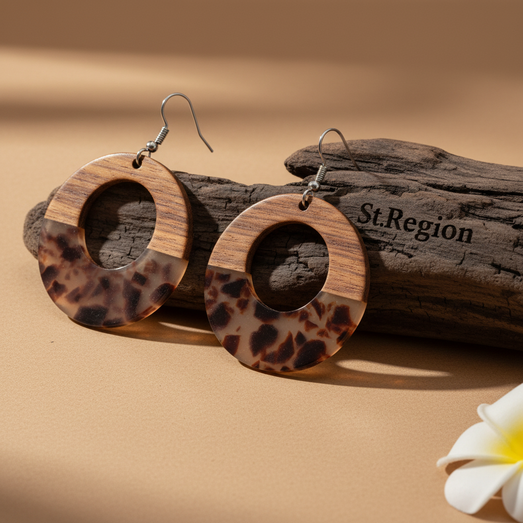 Brown Resin & Wood Silvertone Leopard Print Open Round Hook Earrings