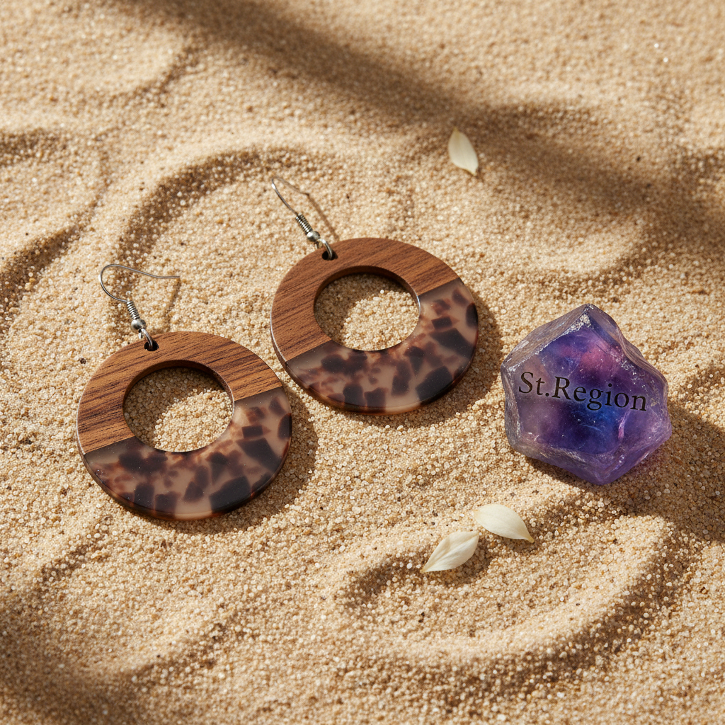 Brown Resin & Wood Silvertone Leopard Print Open Round Hook Earrings