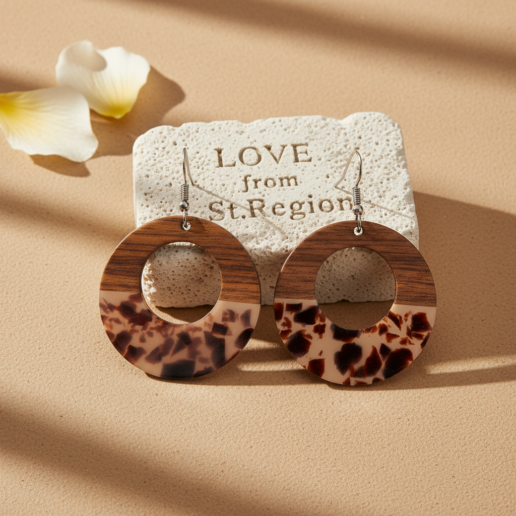 Brown Resin & Wood Silvertone Leopard Print Open Round Hook Earrings
