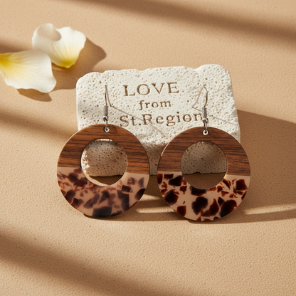 Brown Resin & Wood Silvertone Leopard Print Open Round Hook Earrings