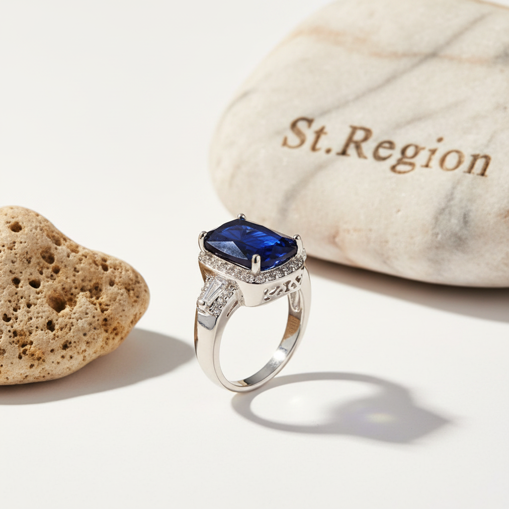Navy Crystal & Cubic Zirconia Halo Cushion-Cut Ring