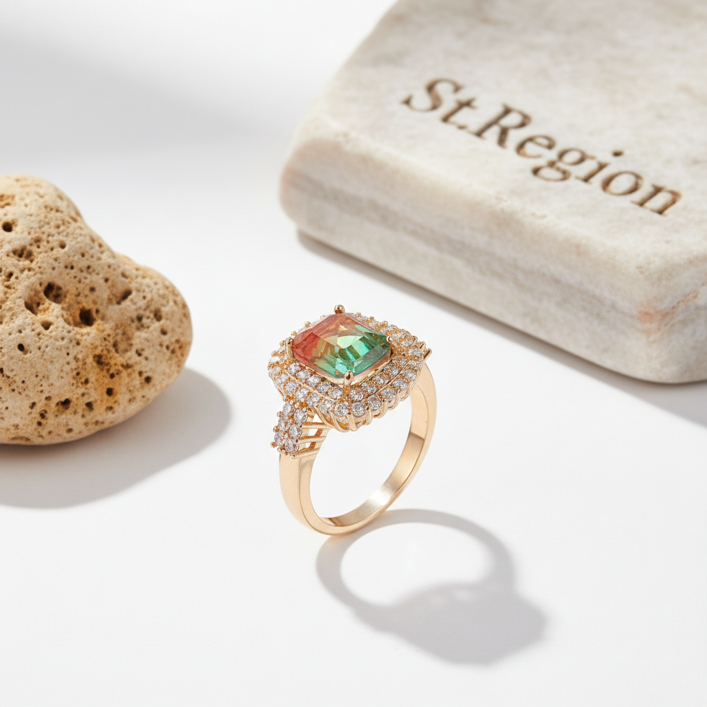 Red & Green Crystal Cubic Zirconia Layered Halo Ring