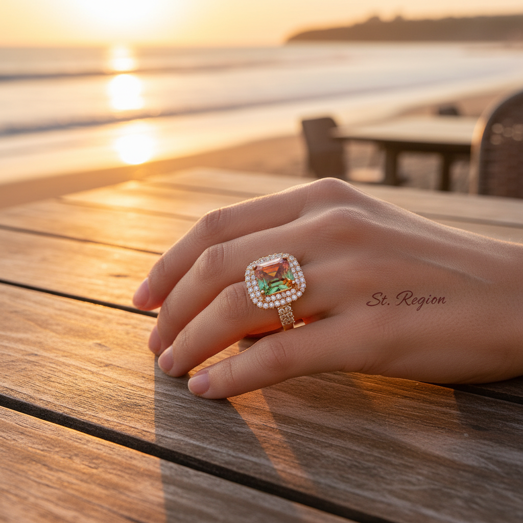 Red & Green Crystal Cubic Zirconia Layered Halo Ring