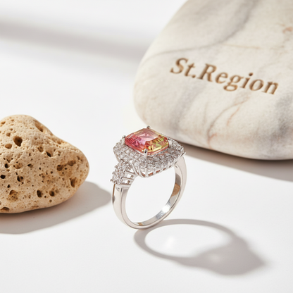 Red-green Crystal & Cubic Zirconia Radiant-Cut Halo Ring