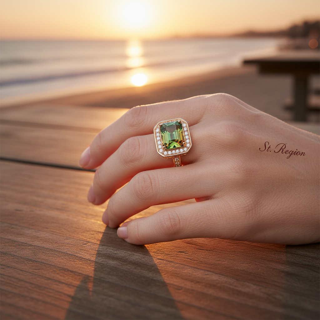 Red-green Crystal & Cubic Zirconia Radiant-Cut Channel Halo Ring