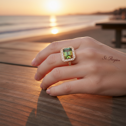 Red-green Crystal & Cubic Zirconia Radiant-Cut Channel Halo Ring