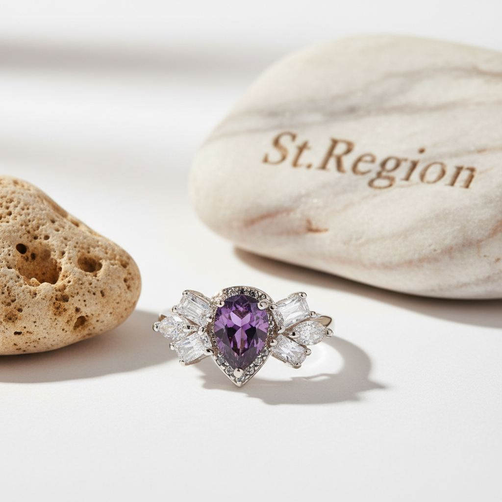 Purple Crystal & Silvertone Pear-Cut Ring