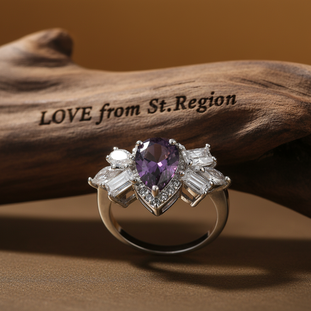 Purple Crystal & Silvertone Pear-Cut Ring