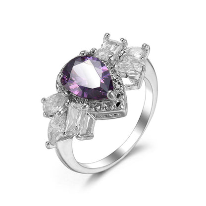 Purple Crystal & Silvertone Pear-Cut Ring