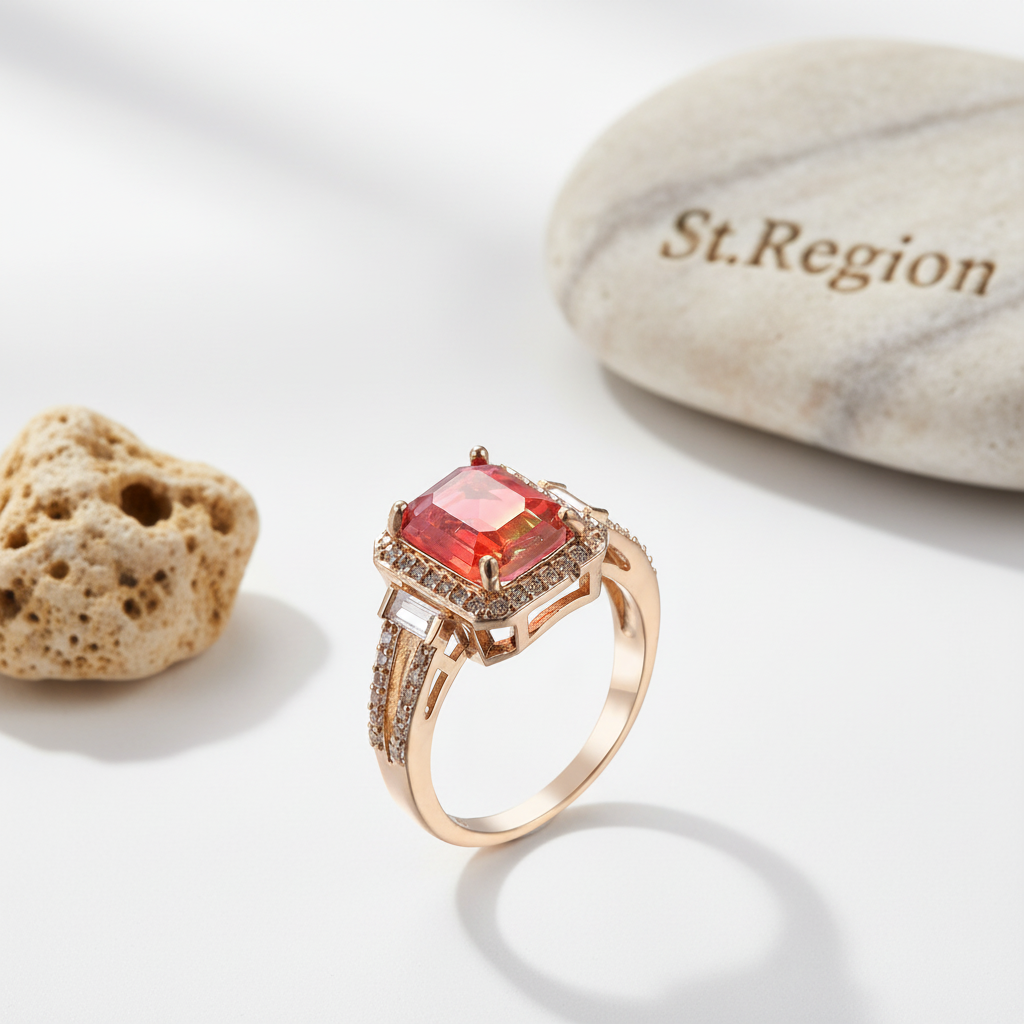 Red Crystal & Cubic Zirconia Princess-Cut Halo Ring