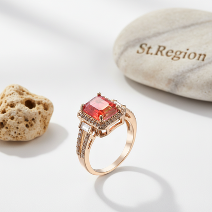 Red Crystal & Cubic Zirconia Princess-Cut Halo Ring
