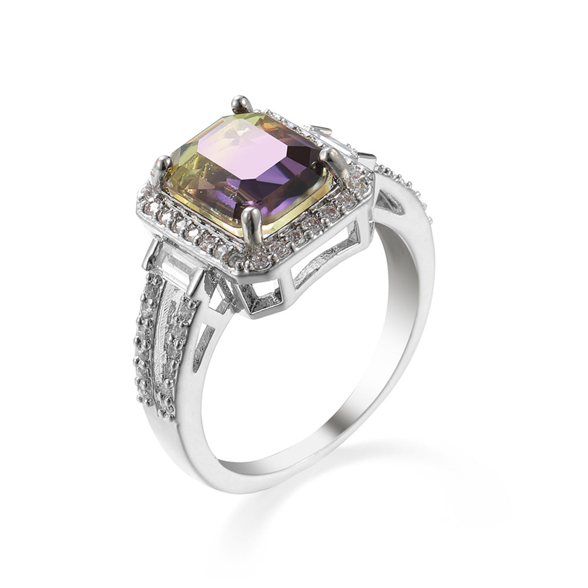 Yellow & Purple Crystal Cubic Zirconia Silvertone Princess-Cut Halo Ring