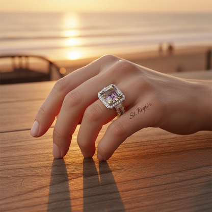 Yellow & Purple Crystal Cubic Zirconia Silvertone Princess-Cut Halo Ring