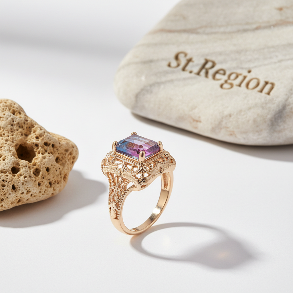 Rose Purple Crystal & Goldtone Radiant-Cut Ring