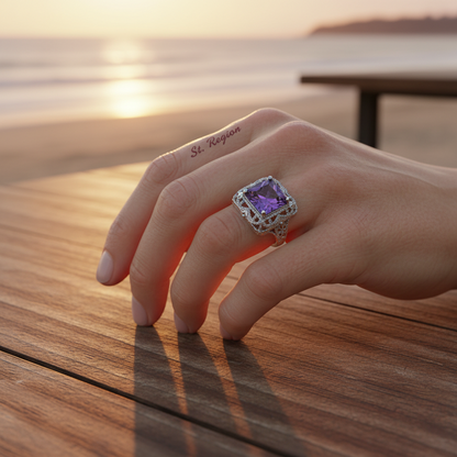 Purple Crystal & Silvertone Radiant-Cut Ring