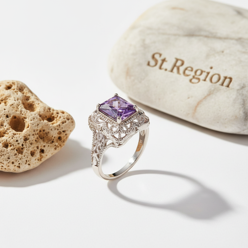 Purple Crystal & Silvertone Radiant-Cut Ring