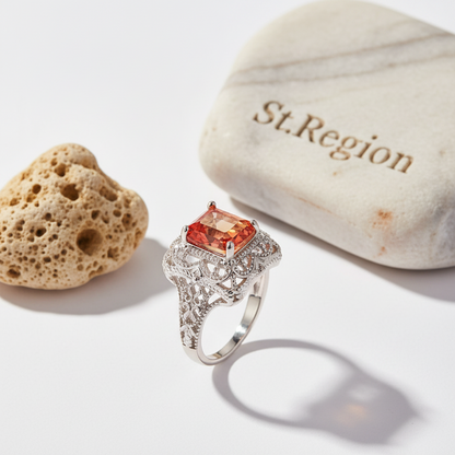 Yellow Red Crystal & Silvertone Radiant-Cut Ring