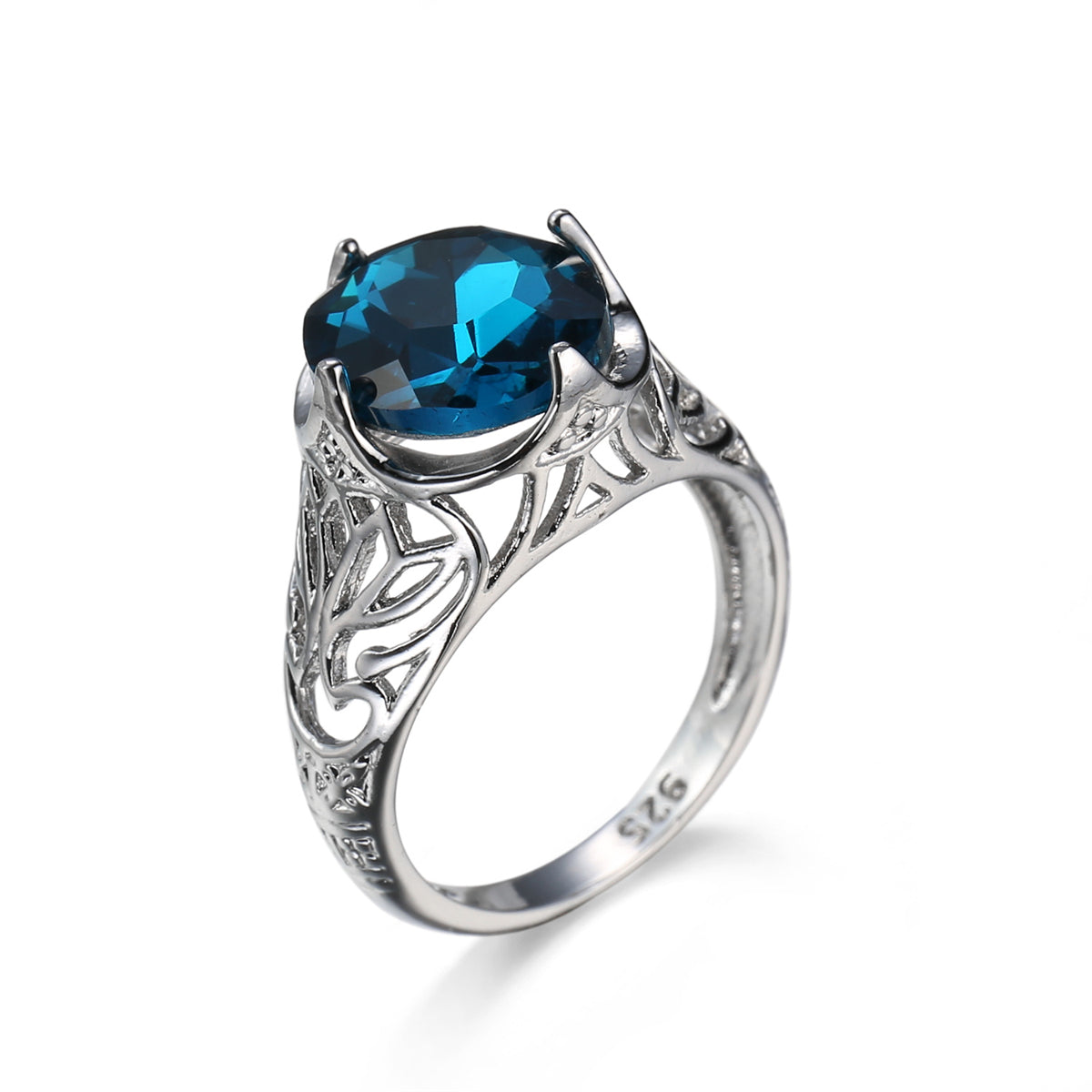 Blue Crystal & Silvertone Filigree Ring