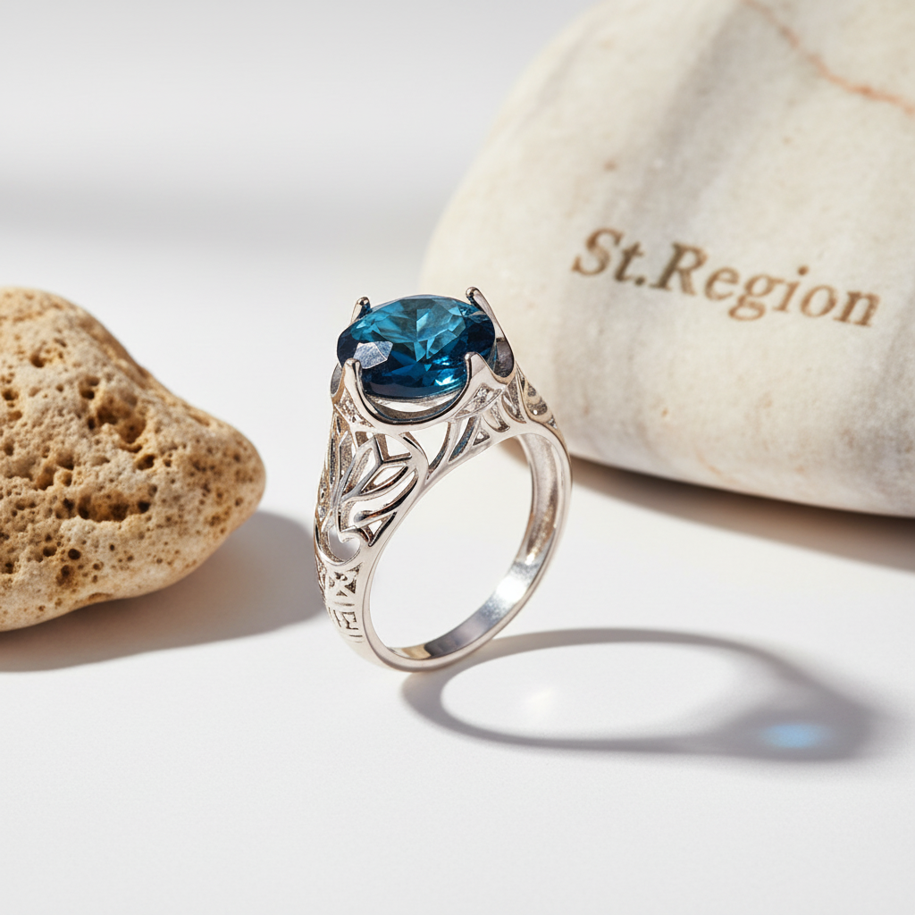 Blue Crystal & Silvertone Filigree Ring