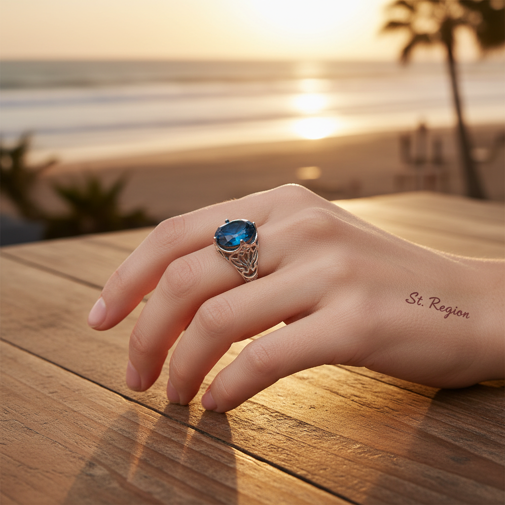 Blue Crystal & Silvertone Filigree Ring
