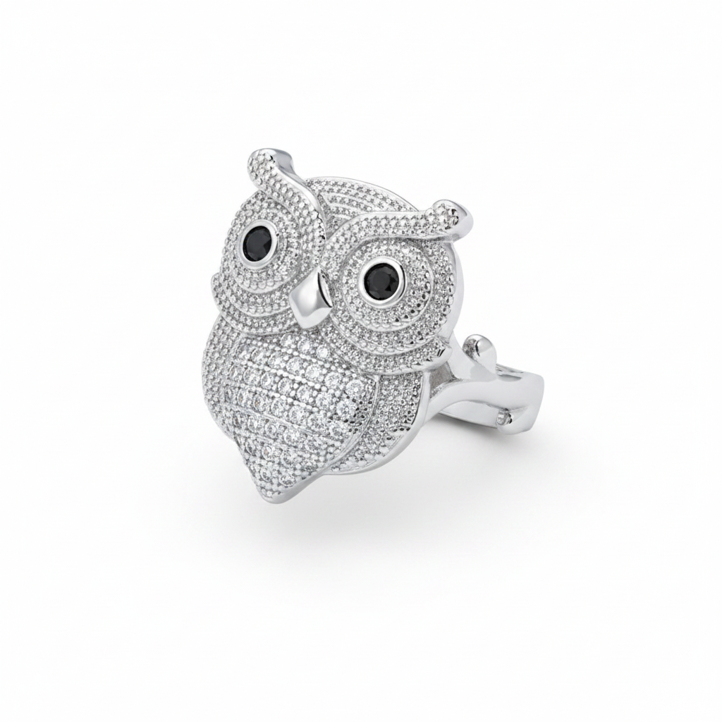 Cubic Zirconia & Silvertone Owl Ring