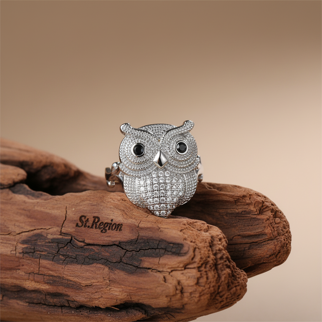 Cubic Zirconia & Silvertone Owl Ring
