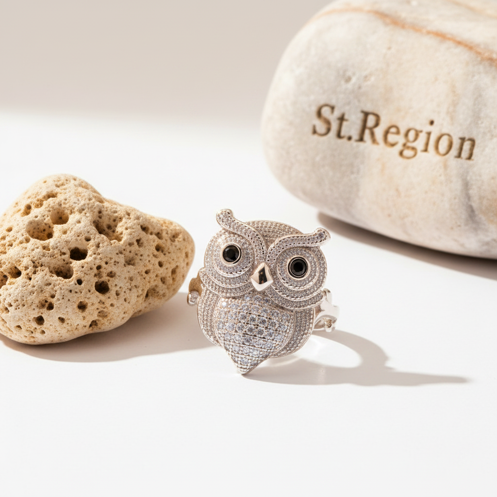 Cubic Zirconia & Silvertone Owl Ring