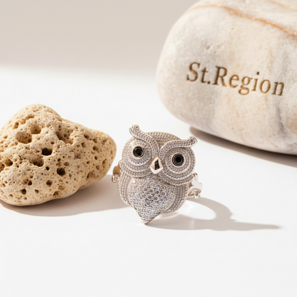 Cubic Zirconia & Silvertone Owl Ring
