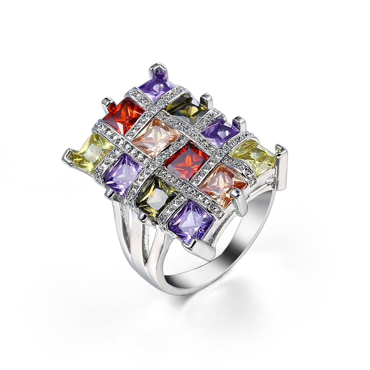 Multicolor Crystal & Cubic Zirconia Silvertone Block Ring
