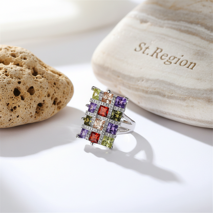 Multicolor Crystal & Cubic Zirconia Silvertone Block Ring