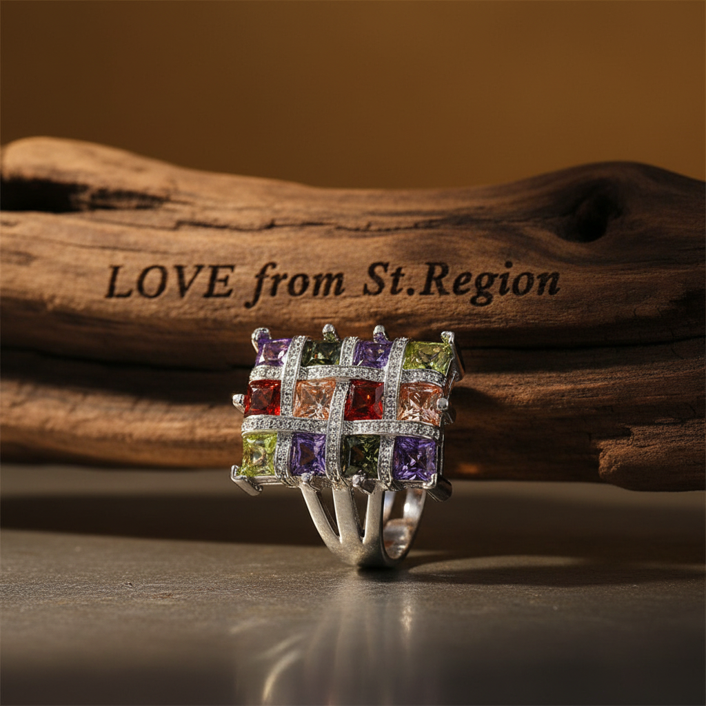 Multicolor Crystal & Cubic Zirconia Silvertone Block Ring