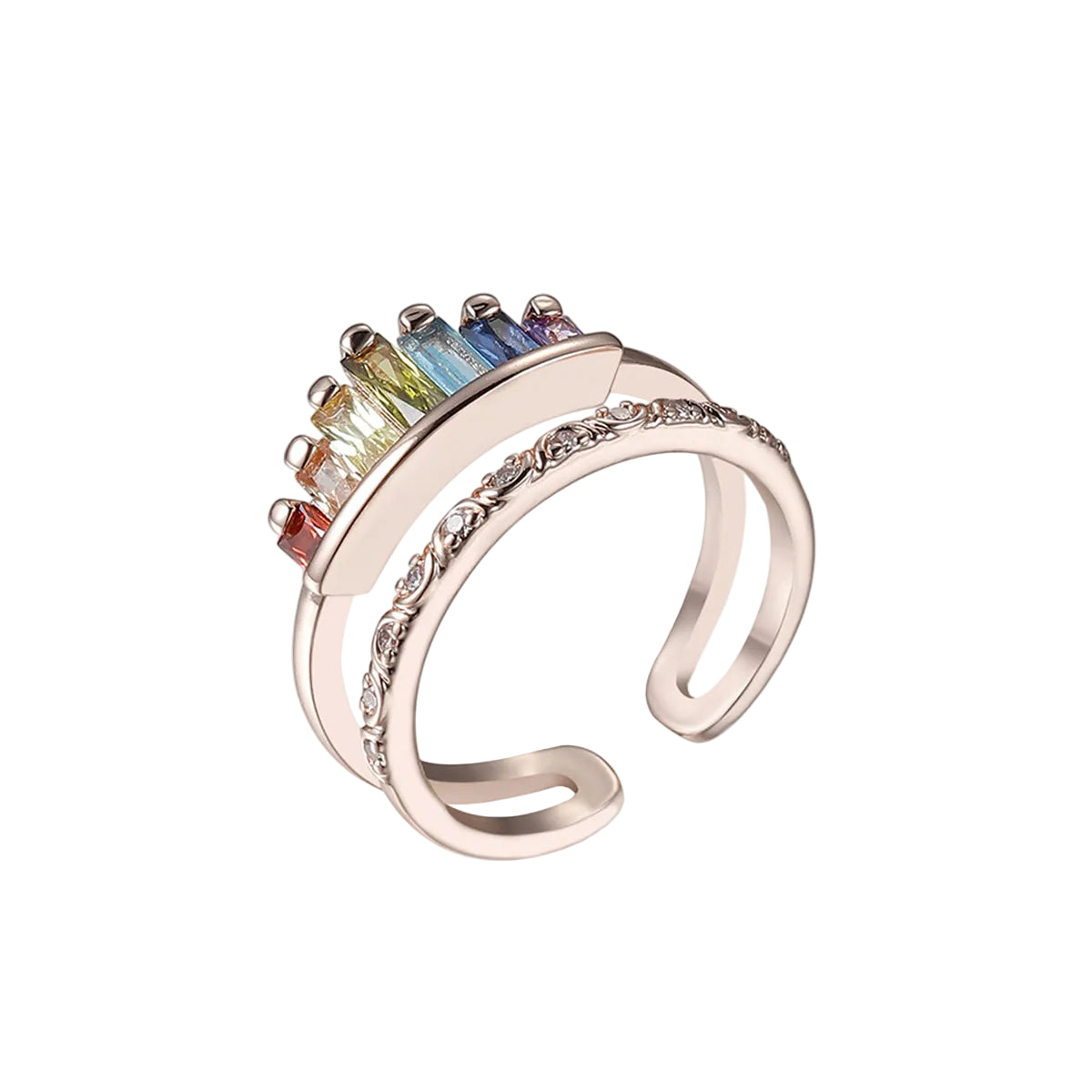 Green Multicolor Crystal & Rose Goldtone Crown Open Ring